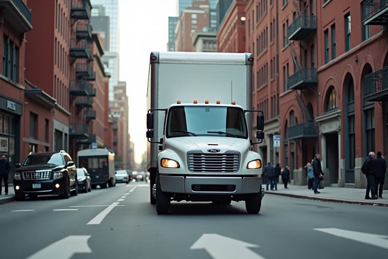 A Small Haul box truck moving through a Boston street