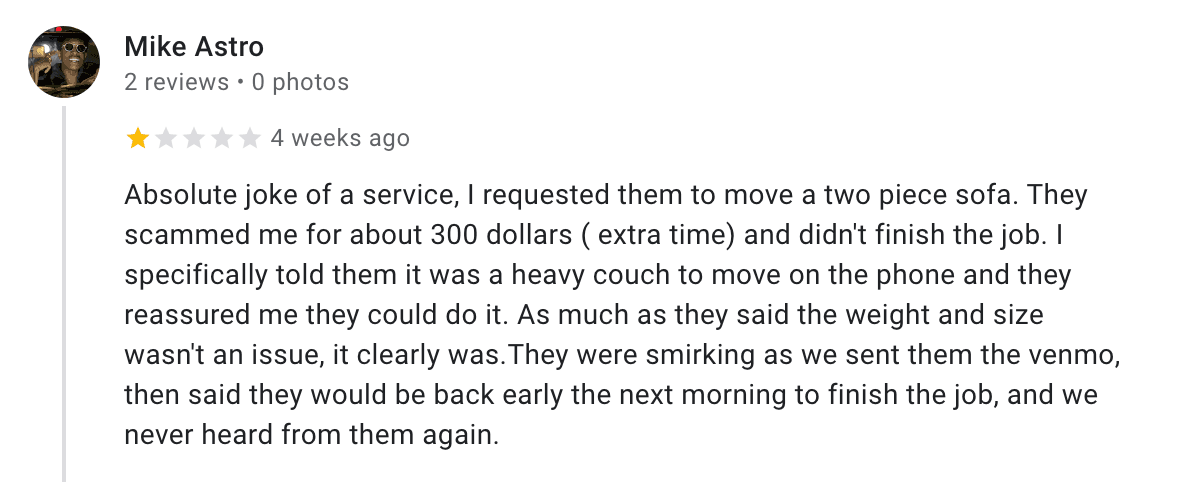 One-star Google review from Mike Astro about a two-piece sofa move